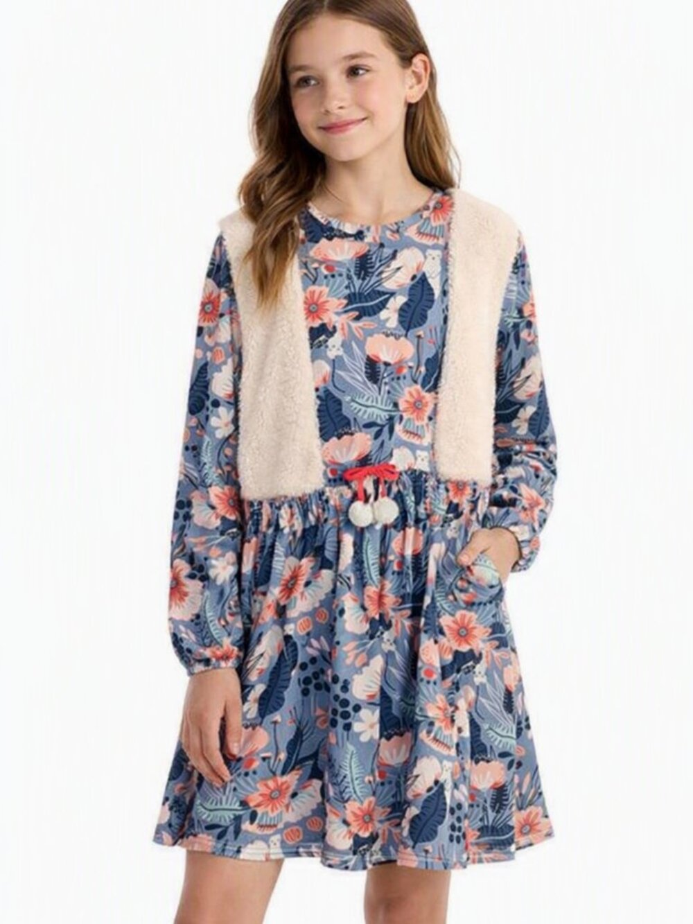 Deux par Deux Girls Floral Knit Dress Sherpa Vest Size 12 Youth NWT